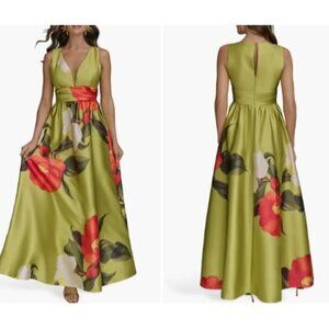 Donna Karan Mikado Women's Gown Dress Floral Summer Citron V-Neck Size 6 NWT